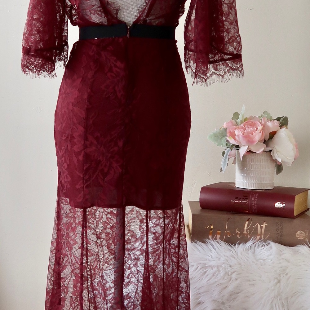 STELLA- Romantic Burgundy Lace Maxi Dress - Picture 5 of 7